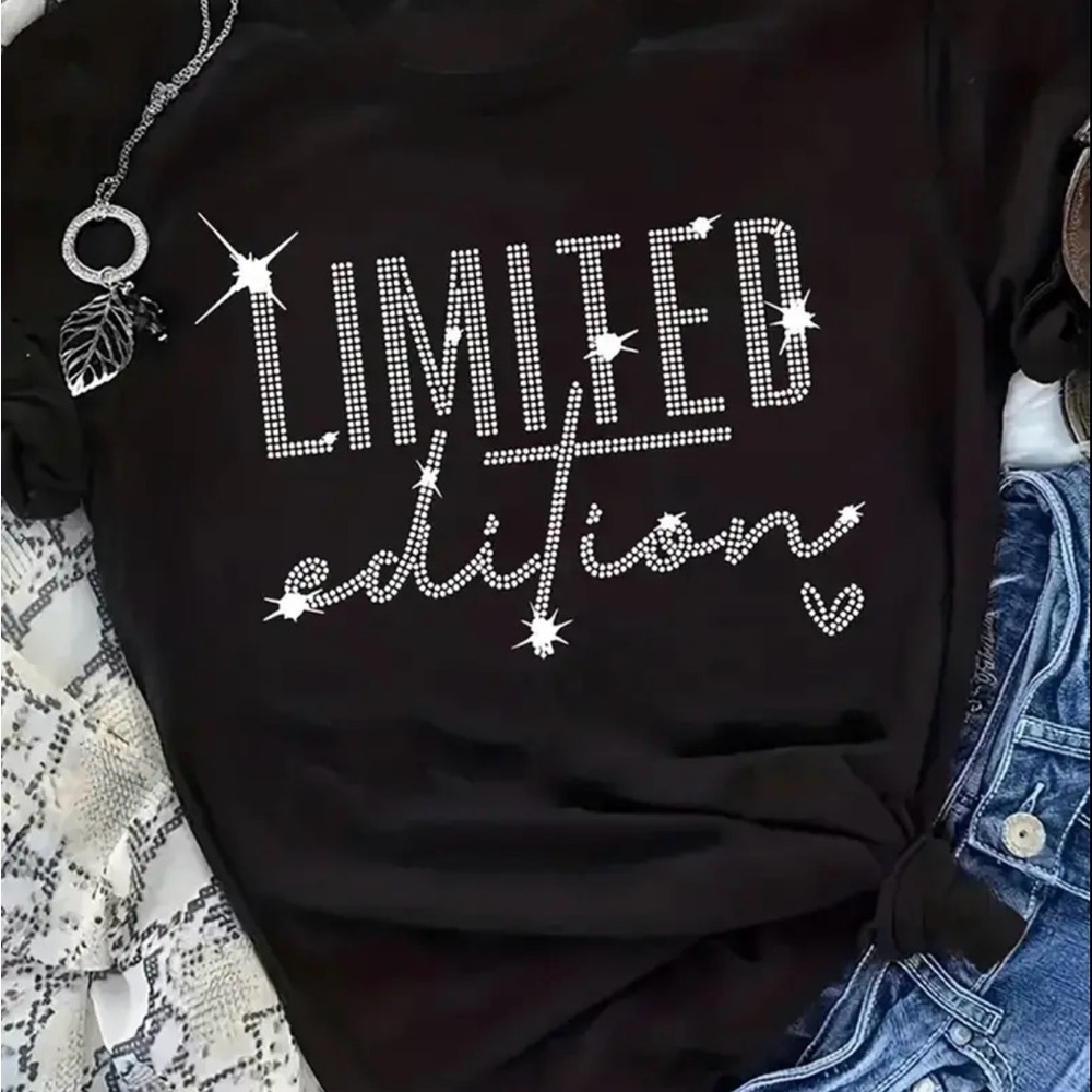 Chic Black Women's Tee with Sparkling Design, NEW